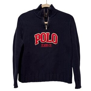 Polo Jeans‎ Co Ralph Lauren Boys M Navy Blue 1/4 Zip Cotton Shaker Knit Sweater